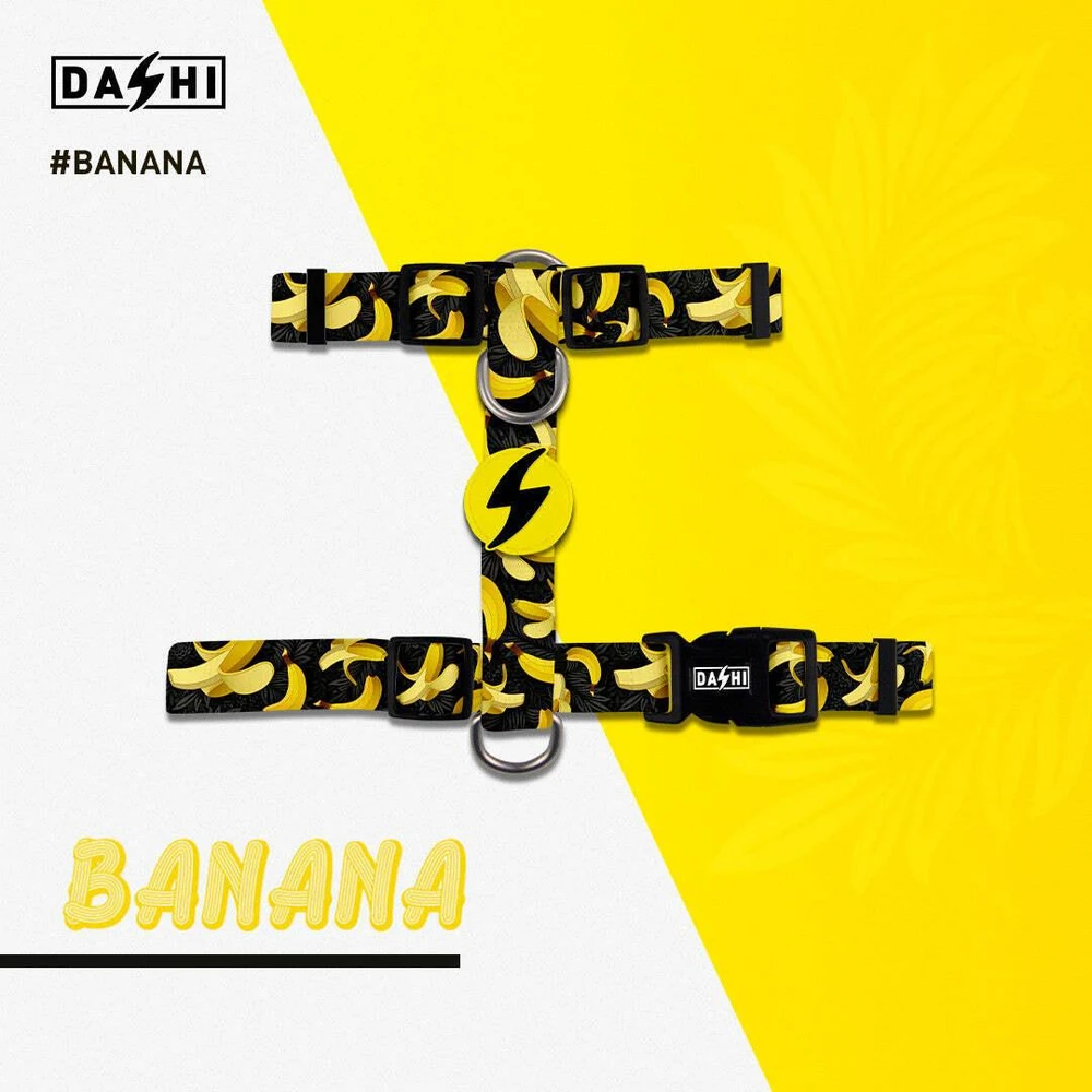 Dashi Eco Banana nugaros diržas – reguliuojamas perdirbtų šunų diržas su bananų raštu, mažas dydis