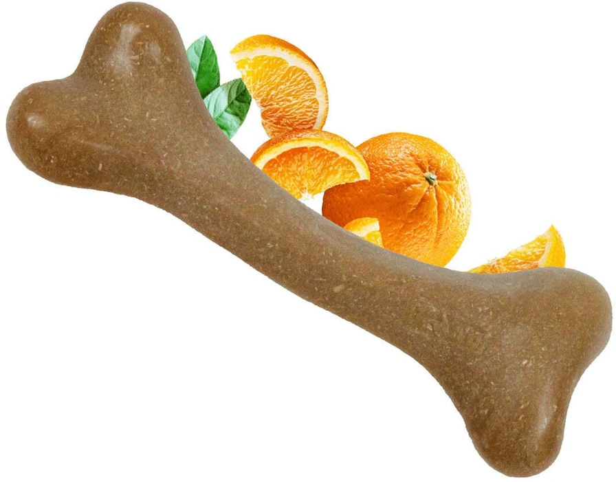 Dashi Fruity Bone Oranžinis – Mažas kramtomasis žaislas su natūraliu apelsinų skoniu, patvarus dizainas.