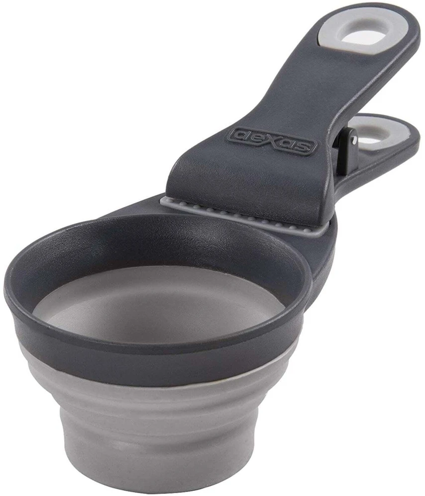 „Dexas“ sulankstomas „KlipScoop“ 3in1 vidutinio dydžio 237ml – sulankstomas maisto kaušelis su maišelio spaustuku, violetinis