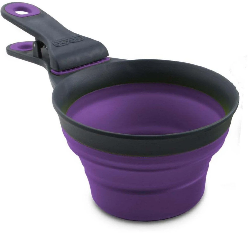 „Dexas“ sulankstomas „KlipScoop“ 3in1 vidutinio dydžio 237ml – sulankstomas maisto kaušelis su maišelio spaustuku, violetinis