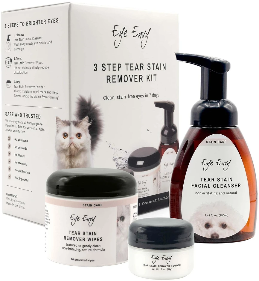 Eye Envy 3-Step rinkinių sistema ašarų dėmėms šalinti katėms – pilnas kosmetinis sprendimas, švelni dėmių šalinimo formulė