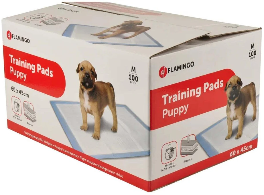 FLAMINGO Training Pads Medium 60x45cm – 5 sluoksnių sugeriantis, nepralaidus pakuotė, 100 vnt.