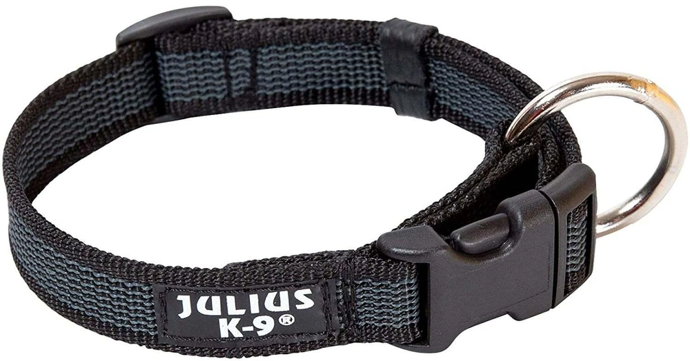 Julius K9 Color & Pilkas antkaklis 2cm – tvirtas, reguliuojamas šunų antkaklis, juodas nailonas