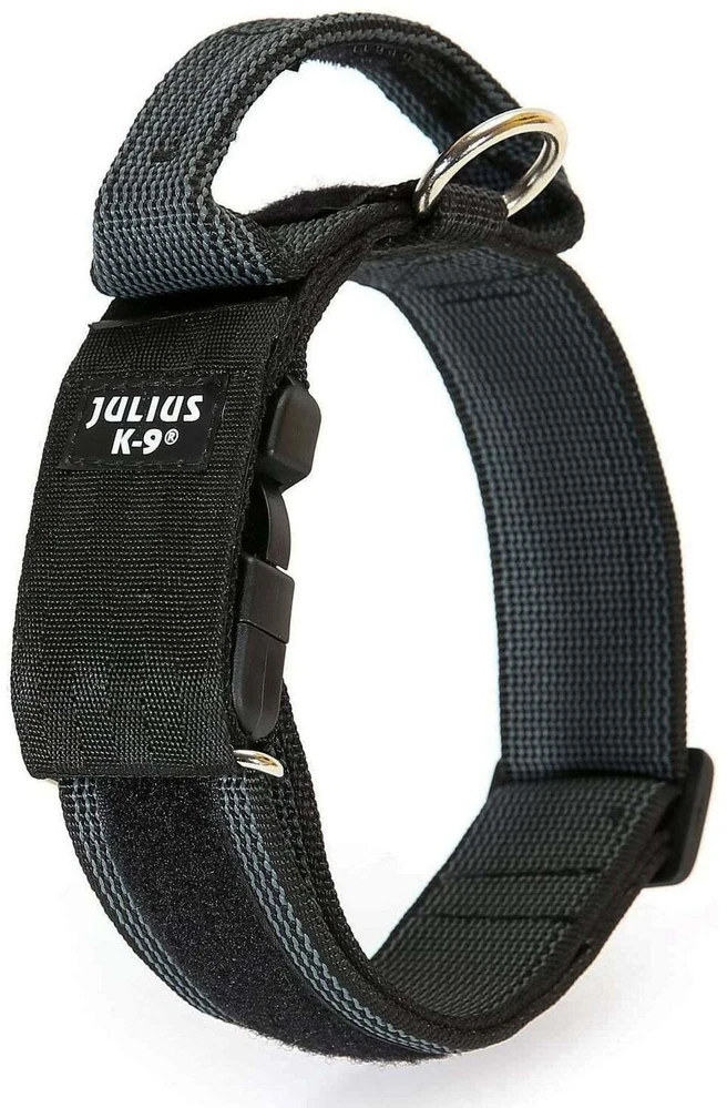 Julius K9 Color&Gray antkaklis su rankena – 50 mm pločio, su saugos užraktu, juodas, patvarus dizainas