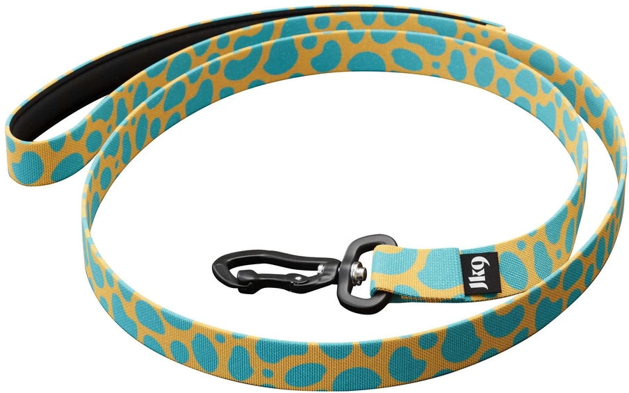 Julius-K9 Daugiaspalvis Leopardinės juostos pavadėlis 120cm – Neopreninė rankena, geltonas ir turkio