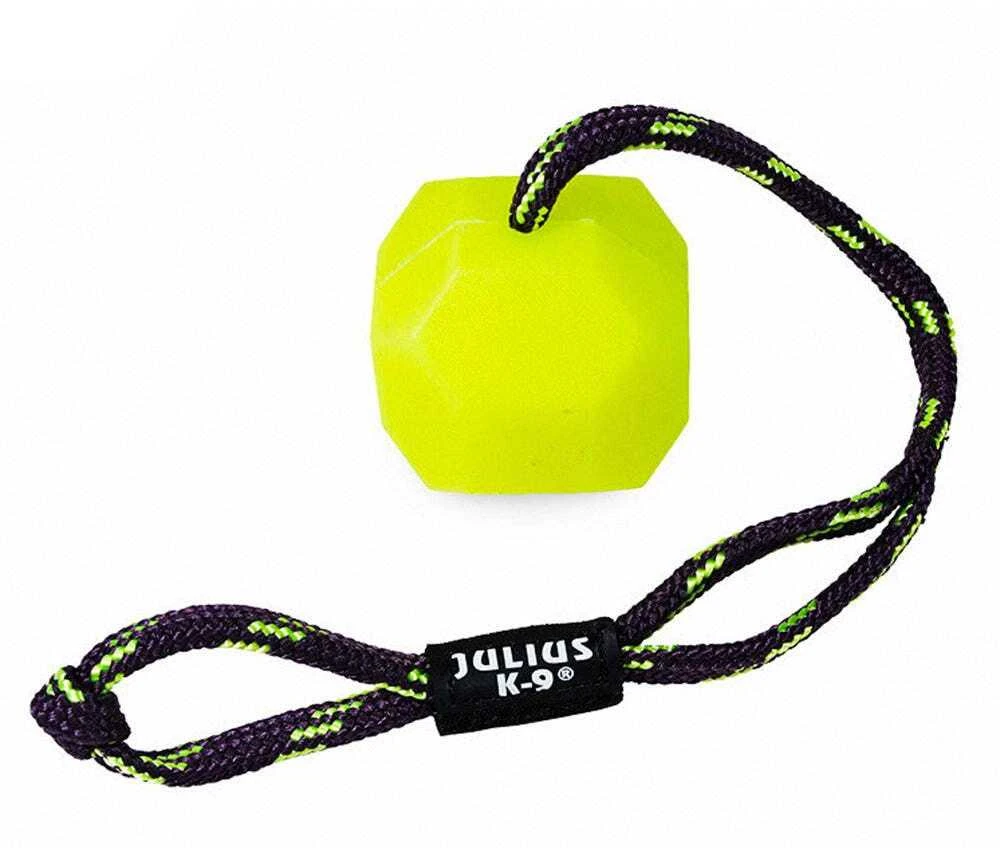 Julius K9 Fluorescentinis Kamuoliukas 6cm – Ryškiai Oranžinis Žaislas su Virvele ir Skylute Skanėstui, Tvirto Dizaino