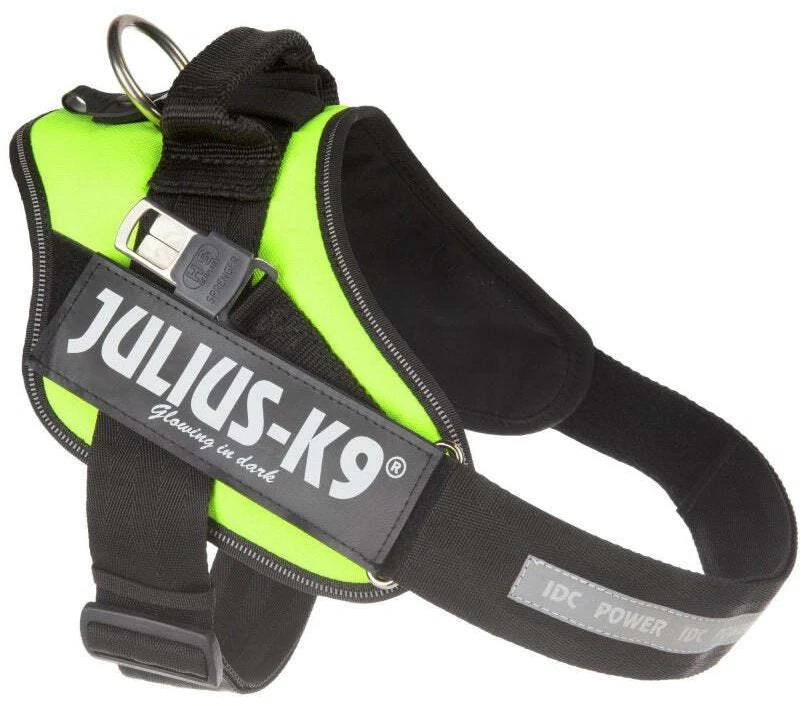Julius K9 Guide Harness Neon – ryškiai neoninė geltonos spalvos, ergonomiško dizaino atrama