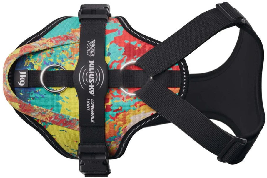 Julius-K9 IDC Longwalk Light Harness Crazy – Lengvi svoringis žygio pavadėlis su GPS lokatoriaus kišene, Dydis L