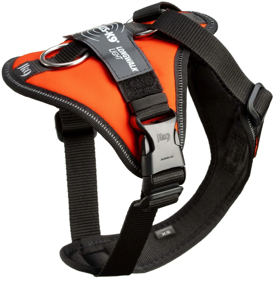 Julius-K9 IDC Longwalk Light Harness UV Oranžinis – Lengvos konstrukcijos žygio balnelis su GPS kišene, Dydis M