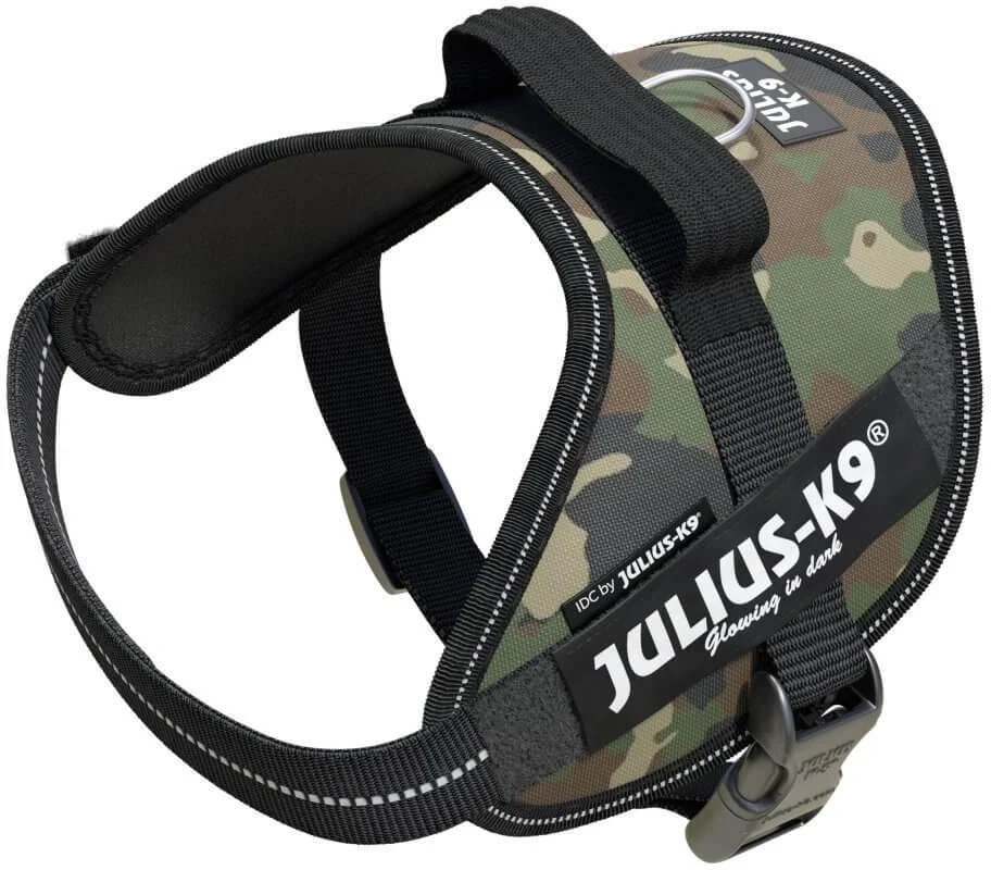 Julius-K9 IDC Powerharness Camouflage – Aukščiausios kokybės reguliuojama petnešėlė, kamufliažinė chaki spalva, patvarus dizainas
