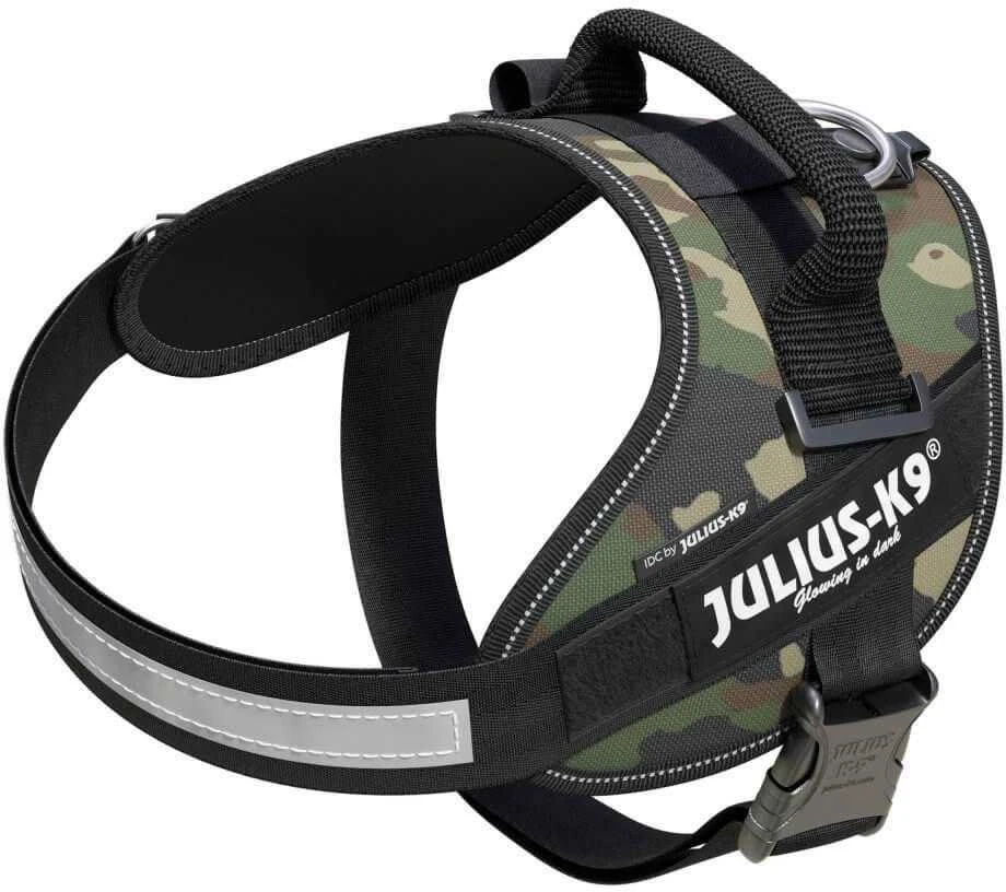 Julius-K9 IDC Powerharness Camouflage – Aukščiausios kokybės reguliuojama petnešėlė, kamufliažinė chaki spalva, patvarus dizainas
