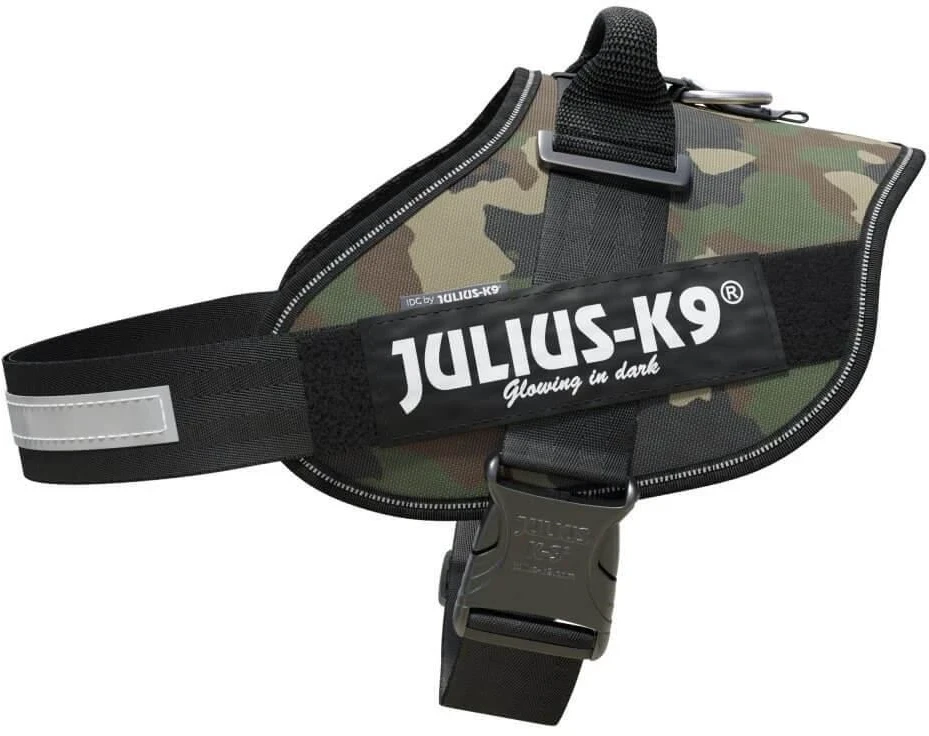 Julius-K9 IDC Powerharness Camouflage – Aukščiausios kokybės reguliuojama petnešėlė, kamufliažinė chaki spalva, patvarus dizainas