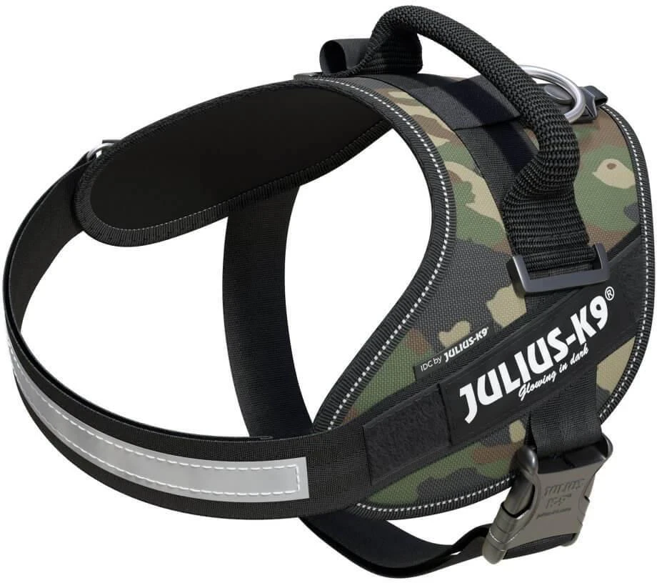 Julius-K9 IDC Powerharness Camouflage – Aukščiausios kokybės reguliuojama petnešėlė, kamufliažinė chaki spalva, patvarus dizainas