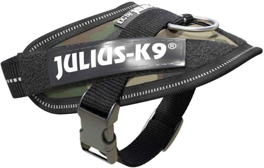 Julius-K9 IDC Powerharness Camouflage – Aukščiausios kokybės reguliuojama petnešėlė, kamufliažinė chaki spalva, patvarus dizainas