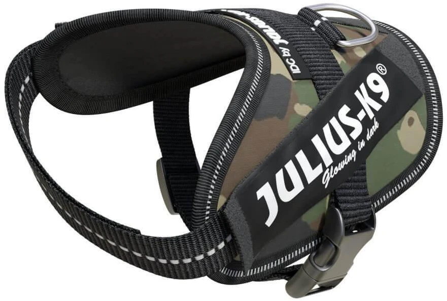 Julius-K9 IDC Powerharness Camouflage – Aukščiausios kokybės reguliuojama petnešėlė, kamufliažinė chaki spalva, patvarus dizainas