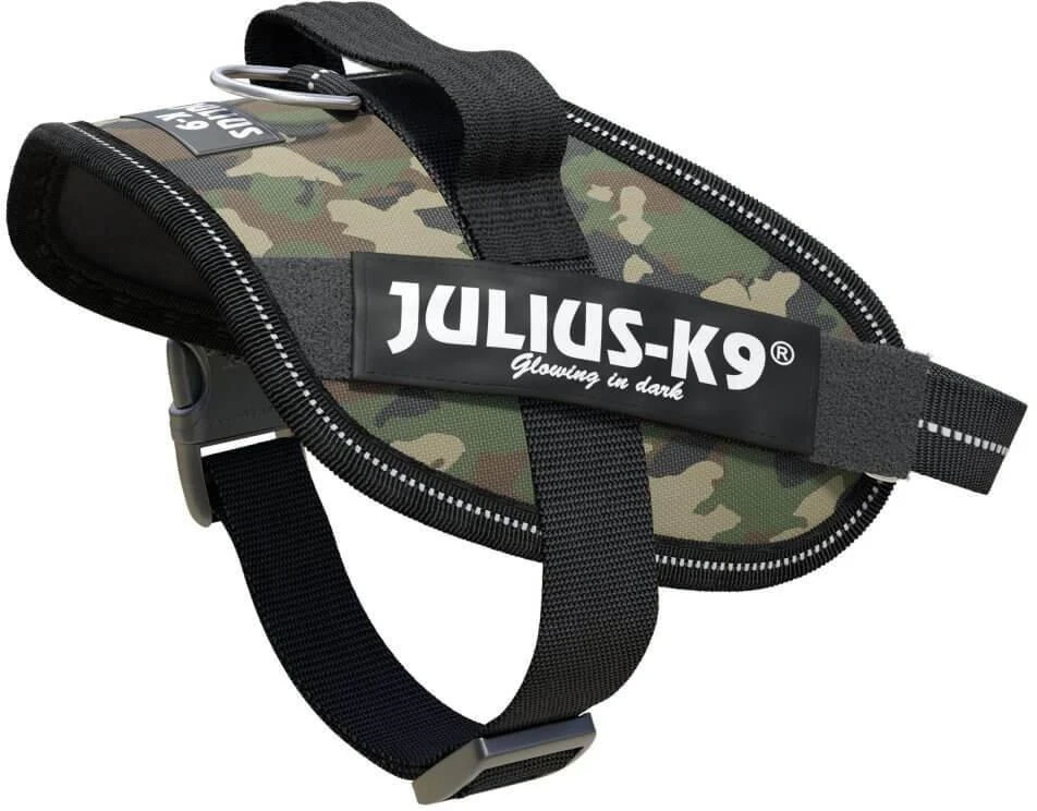 Julius-K9 IDC Powerharness Camouflage – Aukščiausios kokybės reguliuojama petnešėlė, kamufliažinė chaki spalva, patvarus dizainas