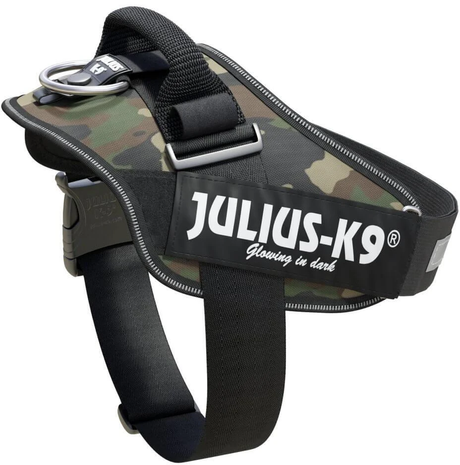 Julius-K9 IDC Powerharness Camouflage – Aukščiausios kokybės reguliuojama petnešėlė, kamufliažinė chaki spalva, patvarus dizainas