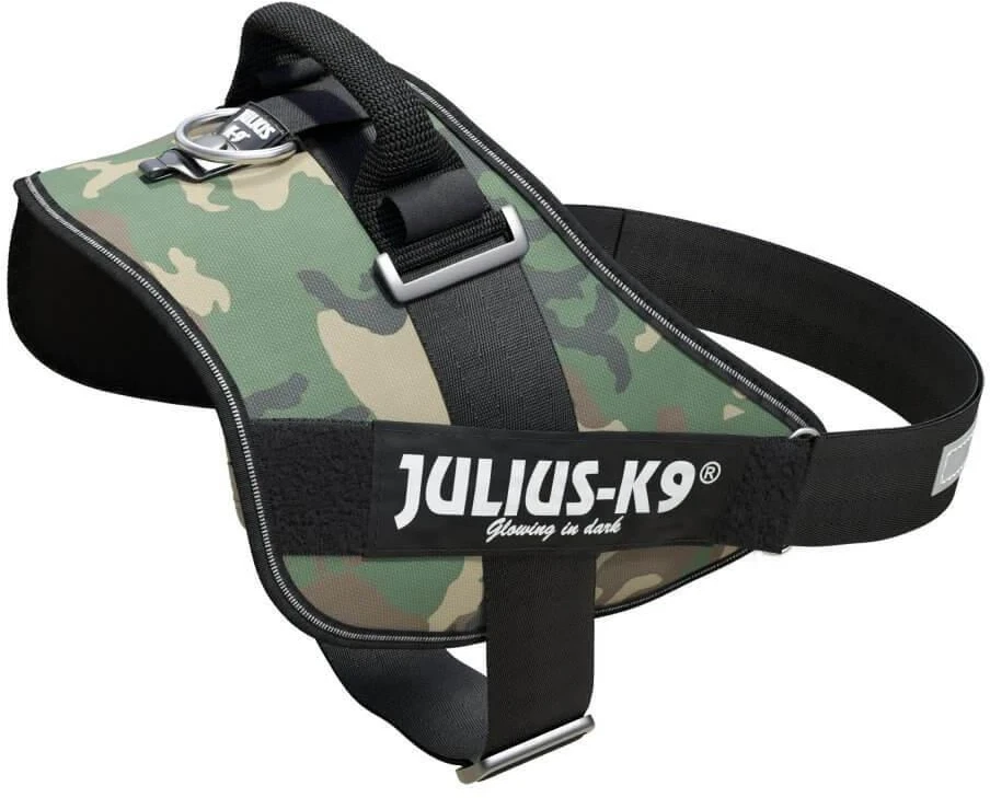 Julius-K9 IDC Powerharness Camouflage – Aukščiausios kokybės reguliuojama petnešėlė, kamufliažinė chaki spalva, patvarus dizainas