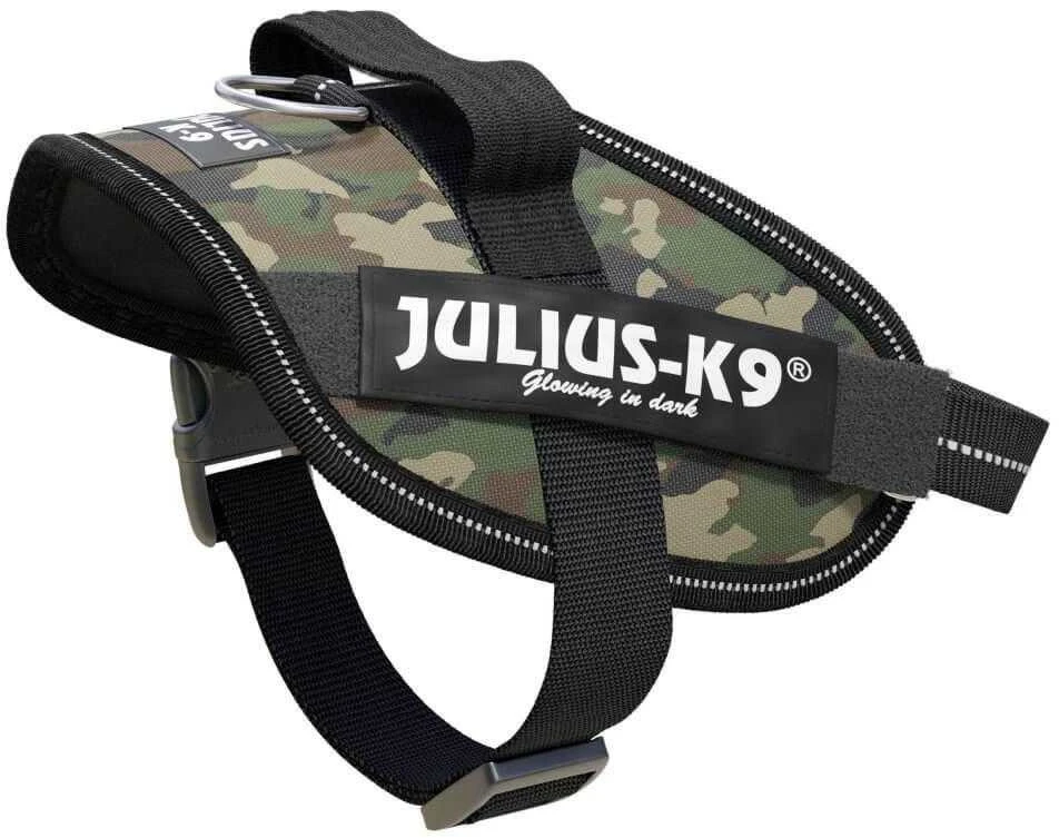 Julius-K9 IDC Powerharness Camouflage – Aukščiausios kokybės reguliuojama petnešėlė, kamufliažinė chaki spalva, patvarus dizainas