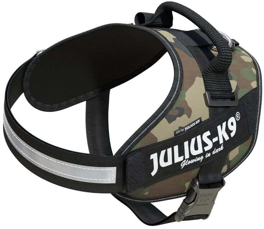 Julius-K9 IDC Powerharness Camouflage – Aukščiausios kokybės reguliuojama petnešėlė, kamufliažinė chaki spalva, patvarus dizainas
