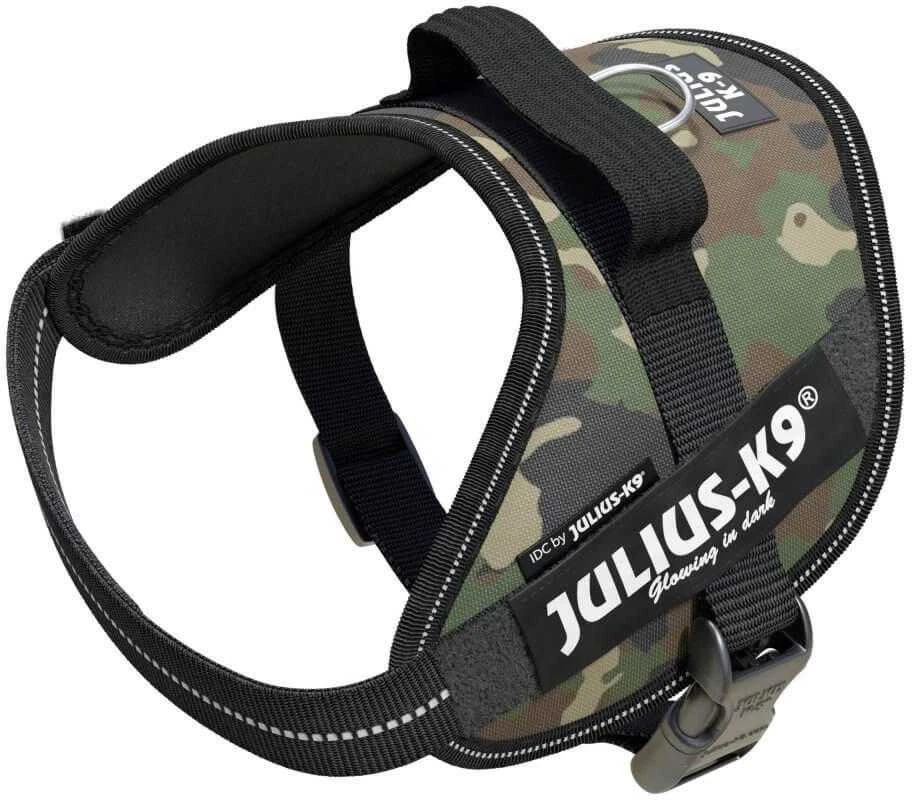 Julius-K9 IDC Powerharness Camouflage – Aukščiausios kokybės reguliuojama petnešėlė, kamufliažinė chaki spalva, patvarus dizainas
