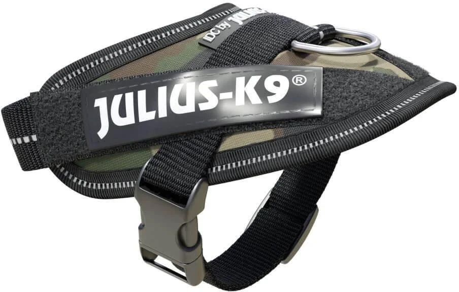 Julius-K9 IDC Powerharness Camouflage – Aukščiausios kokybės reguliuojama petnešėlė, kamufliažinė chaki spalva, patvarus dizainas