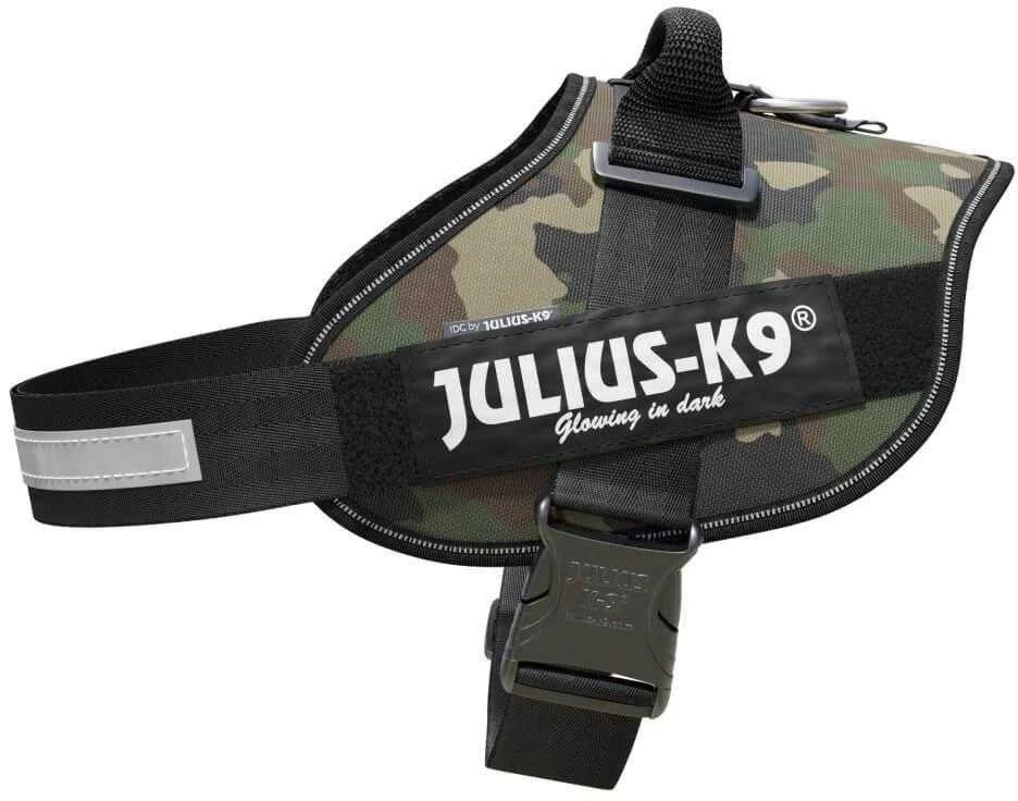 Julius-K9 IDC Powerharness Camouflage – Aukščiausios kokybės reguliuojama petnešėlė, kamufliažinė chaki spalva, patvarus dizainas