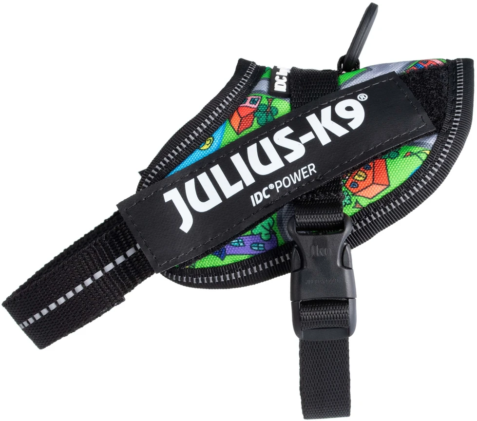 Julius-K9 IDC Powerharness Daycare – Atspindintis šunų pavadėlis, spalvotas miesto raštas, 1 dydis