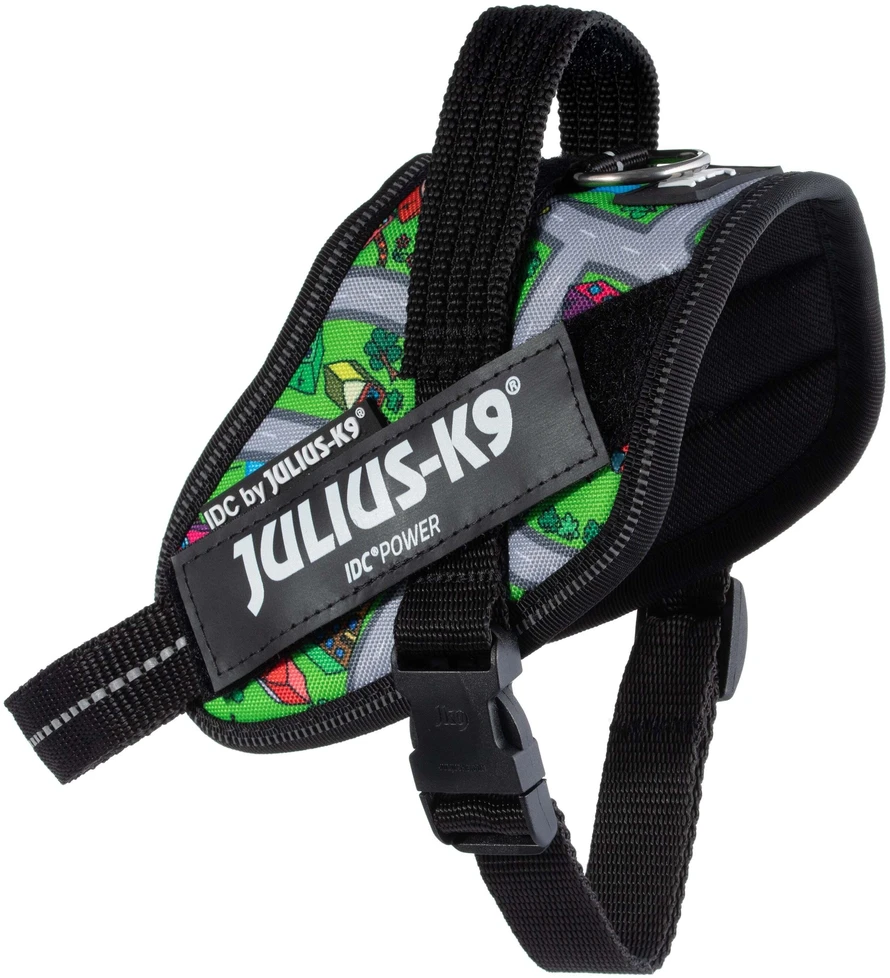 Julius-K9 IDC Powerharness Daycare – Atspindintis šunų pavadėlis, spalvotas miesto raštas, 1 dydis