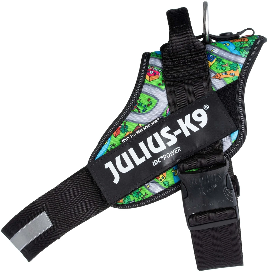 Julius-K9 IDC Powerharness Daycare – Atspindintis šunų pavadėlis, spalvotas miesto raštas, 1 dydis