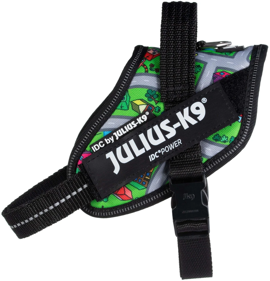 Julius-K9 IDC Powerharness Daycare – Atspindintis šunų pavadėlis, spalvotas miesto raštas, 1 dydis