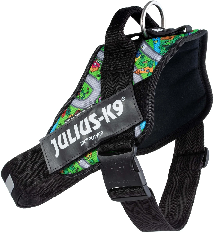 Julius-K9 IDC Powerharness Daycare – Atspindintis šunų pavadėlis, spalvotas miesto raštas, 1 dydis