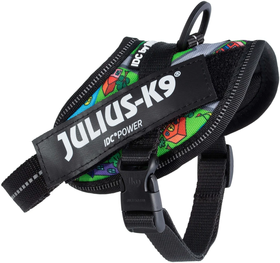 Julius-K9 IDC Powerharness Daycare – Atspindintis šunų pavadėlis, spalvotas miesto raštas, 1 dydis