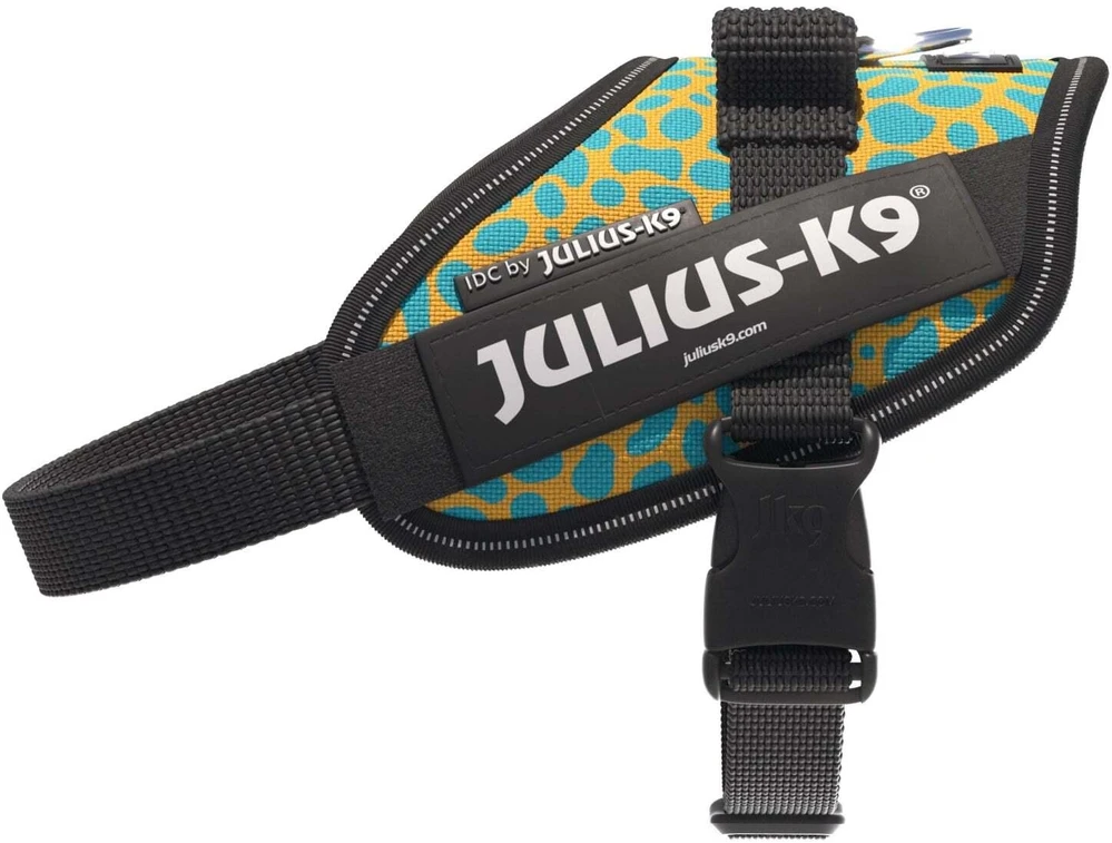Julius-K9 IDC Powerharness Leopard – Atspindinti šunų petnešėlė, geltonos ir turkio spalvos raštas, dydis Baby 2
