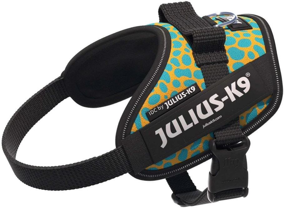 Julius-K9 IDC Powerharness Leopard – Atspindinti šunų petnešėlė, geltonos ir turkio spalvos raštas, dydis Baby 2
