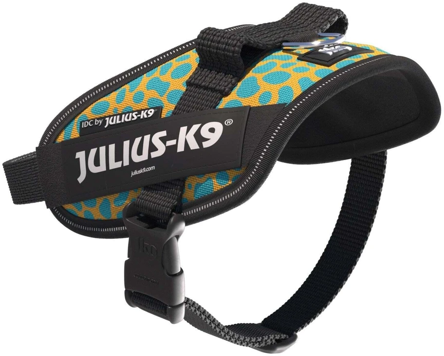 Julius-K9 IDC Powerharness Leopard – Atspindinti šunų petnešėlė, geltonos ir turkio spalvos raštas, dydis Baby 2