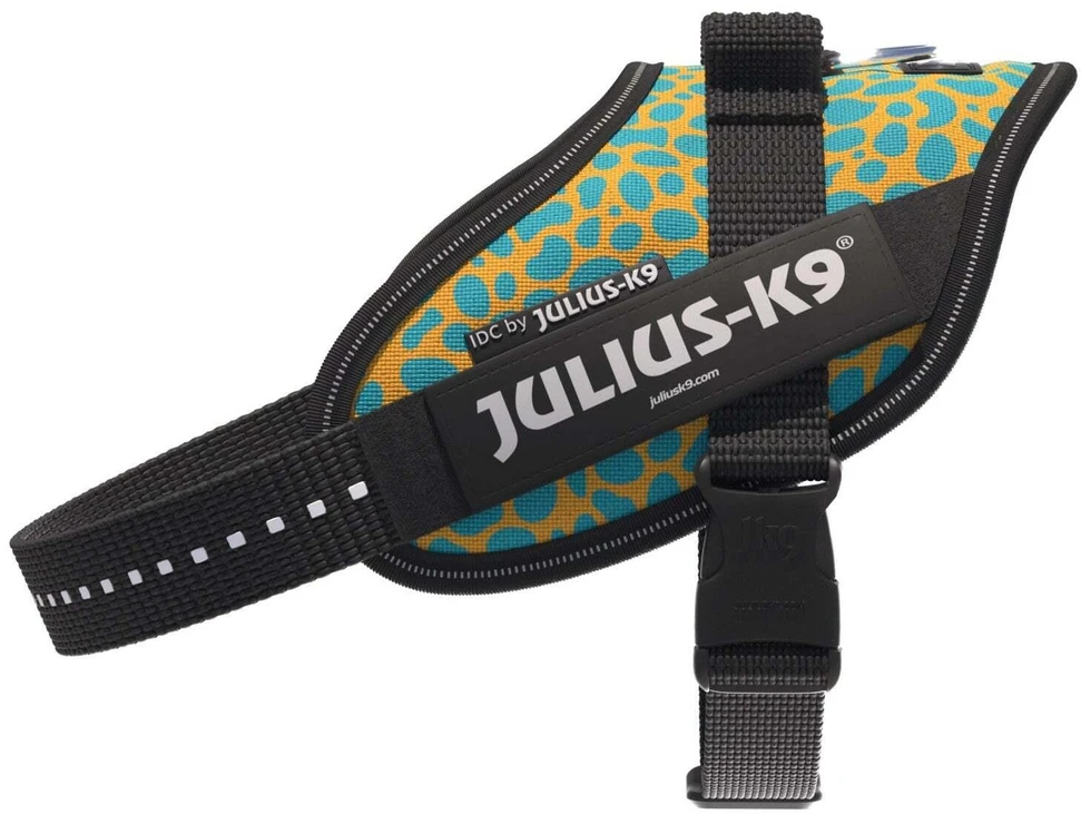 Julius-K9 IDC Powerharness Leopard – Atspindinti šunų petnešėlė, geltonos ir turkio spalvos raštas, dydis Baby 2