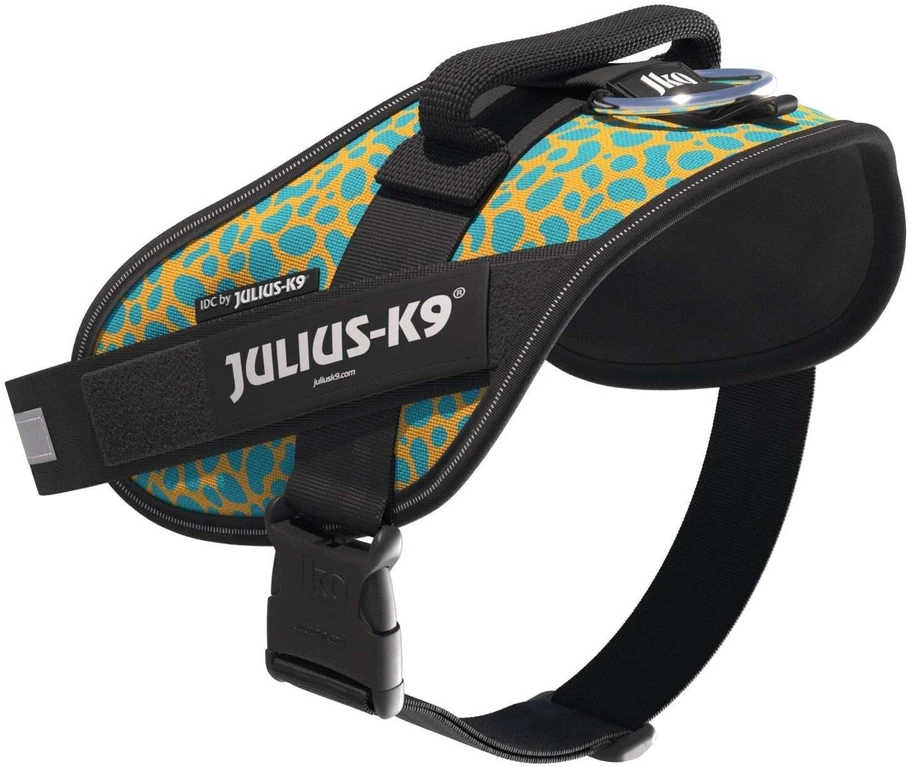 Julius-K9 IDC Powerharness Leopard – Atspindinti šunų petnešėlė, geltonos ir turkio spalvos raštas, dydis Baby 2