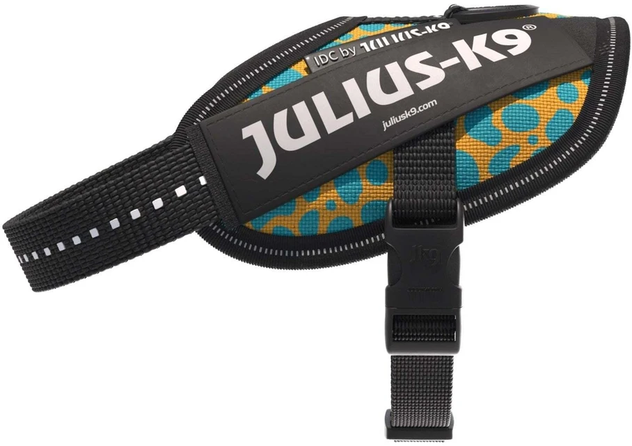 Julius-K9 IDC Powerharness Leopard – Atspindinti šunų petnešėlė, geltonos ir turkio spalvos raštas, dydis Baby 2