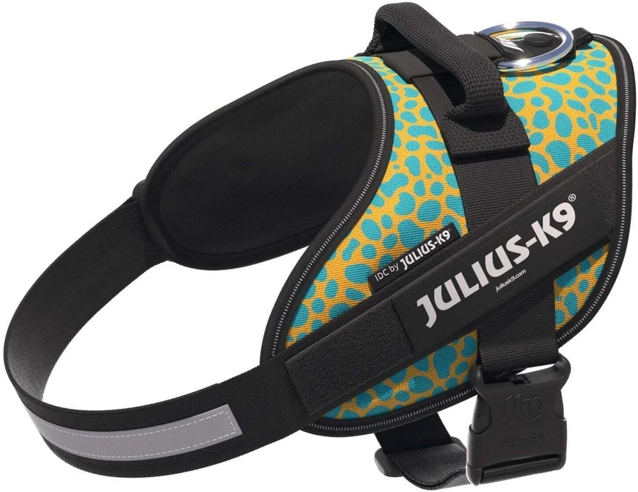 Julius-K9 IDC Powerharness Leopard – Atspindinti šunų petnešėlė, geltonos ir turkio spalvos raštas, dydis Baby 2