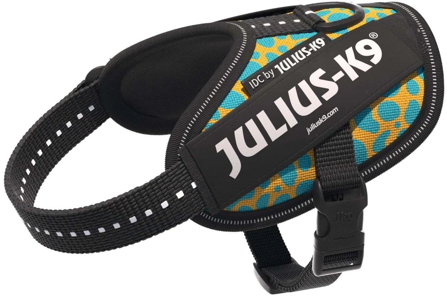 Julius-K9 IDC Powerharness Leopard – Atspindinti šunų petnešėlė, geltonos ir turkio spalvos raštas, dydis Baby 2