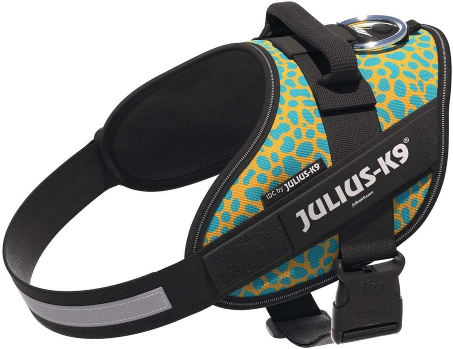 Julius-K9 IDC Powerharness Leopard – Atspindinti šunų petnešėlė, geltonos ir turkio spalvos raštas, dydis Baby 2
