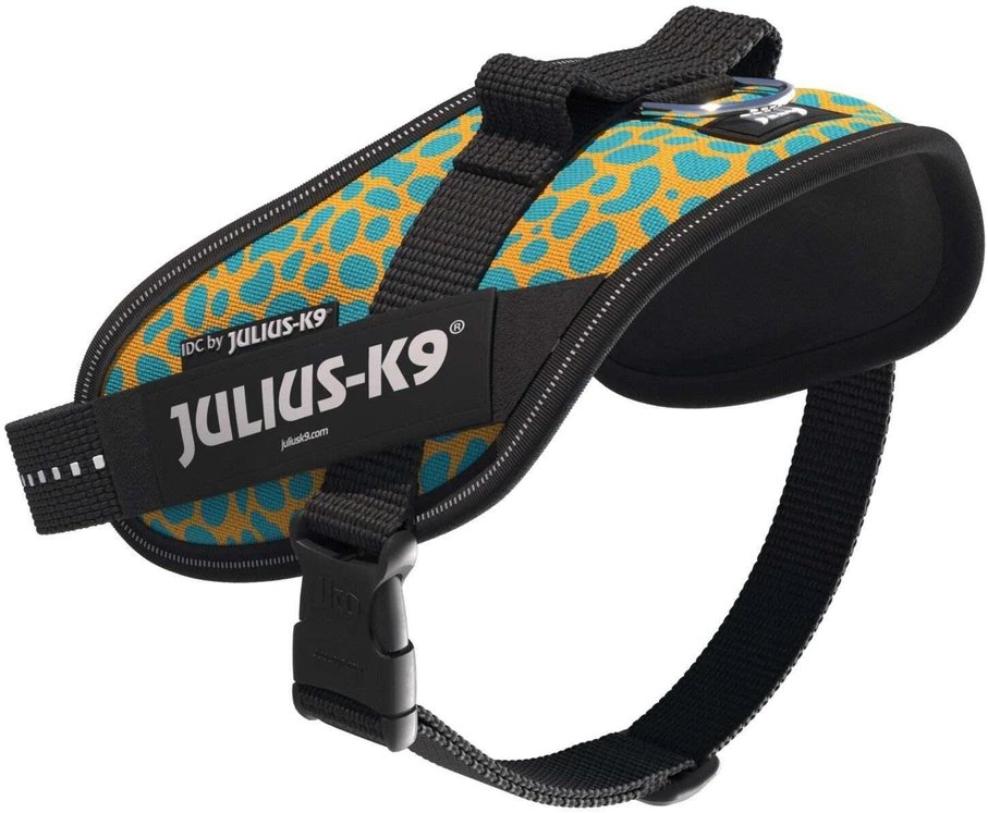 Julius-K9 IDC Powerharness Leopard – Atspindinti šunų petnešėlė, geltonos ir turkio spalvos raštas, dydis Baby 2