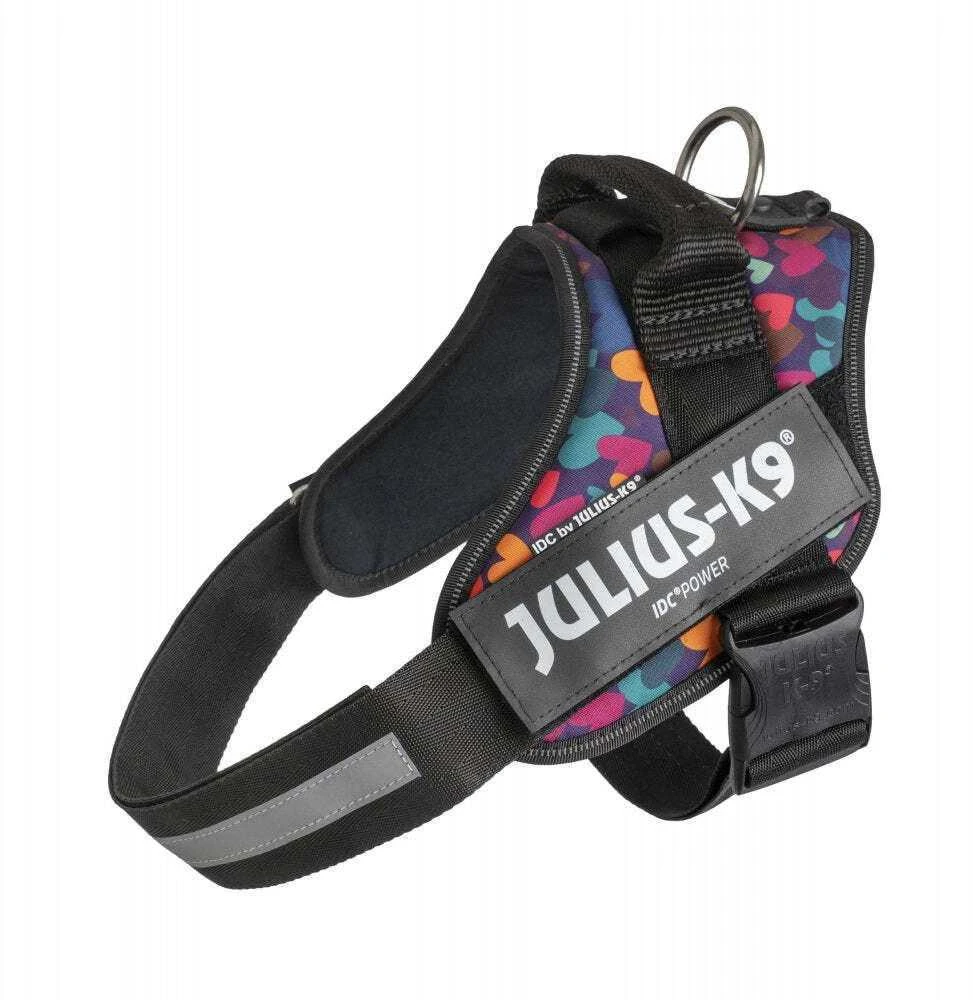 Julius-K9 IDC Powerharness Mixed Hearts – Aukštos kokybės reguliuojamas diržas, spalvingas dizainas, 2 dydis (kūdikiui)
