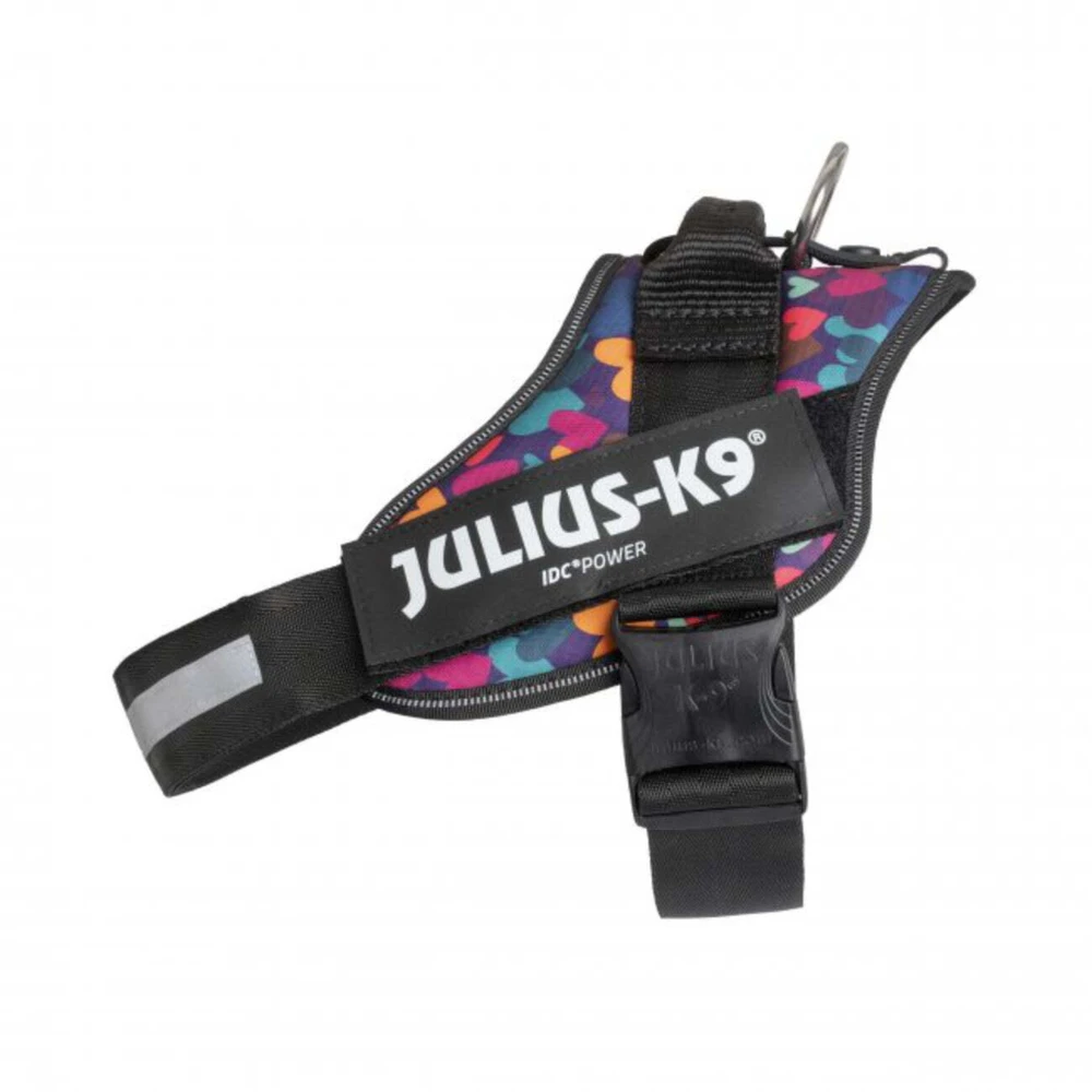 Julius-K9 IDC Powerharness Mixed Hearts – Aukštos kokybės reguliuojamas diržas, spalvingas dizainas, 2 dydis (kūdikiui)