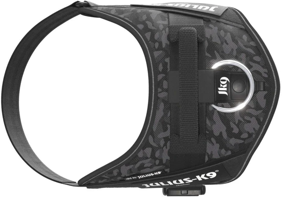 Julius-K9 IDC Powerharness Night Camo – Atspindintis juodo kamufliažo diržas, Mini dydis