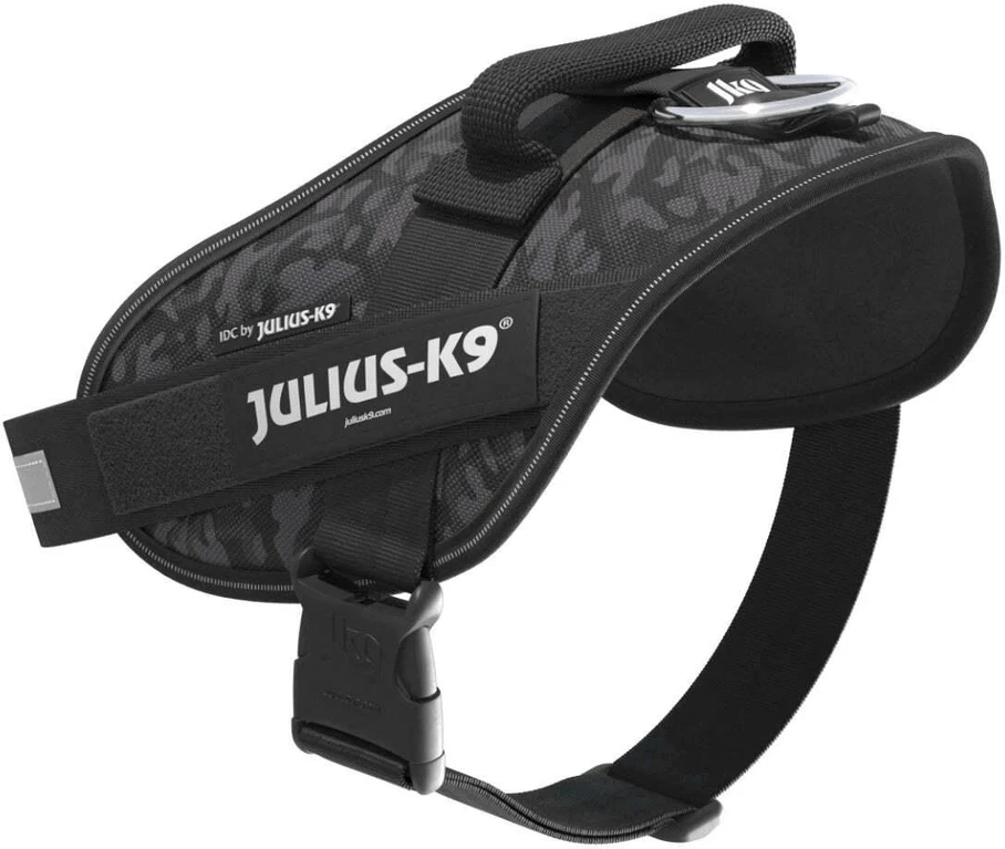 Julius-K9 IDC Powerharness Night Camo – Atspindintis juodo kamufliažo diržas, Mini dydis