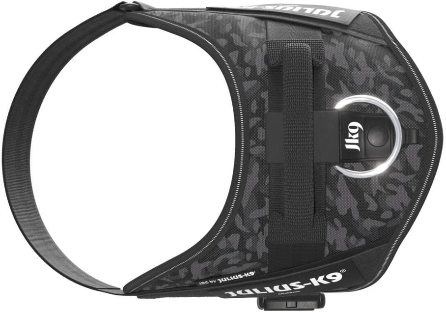 Julius-K9 IDC Powerharness Night Camo – Atspindintis juodo kamufliažo diržas, Mini dydis