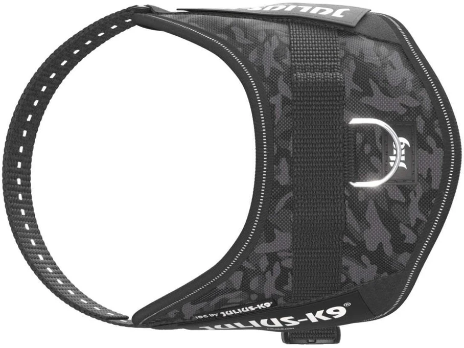 Julius-K9 IDC Powerharness Night Camo – Atspindintis juodo kamufliažo diržas, Mini dydis