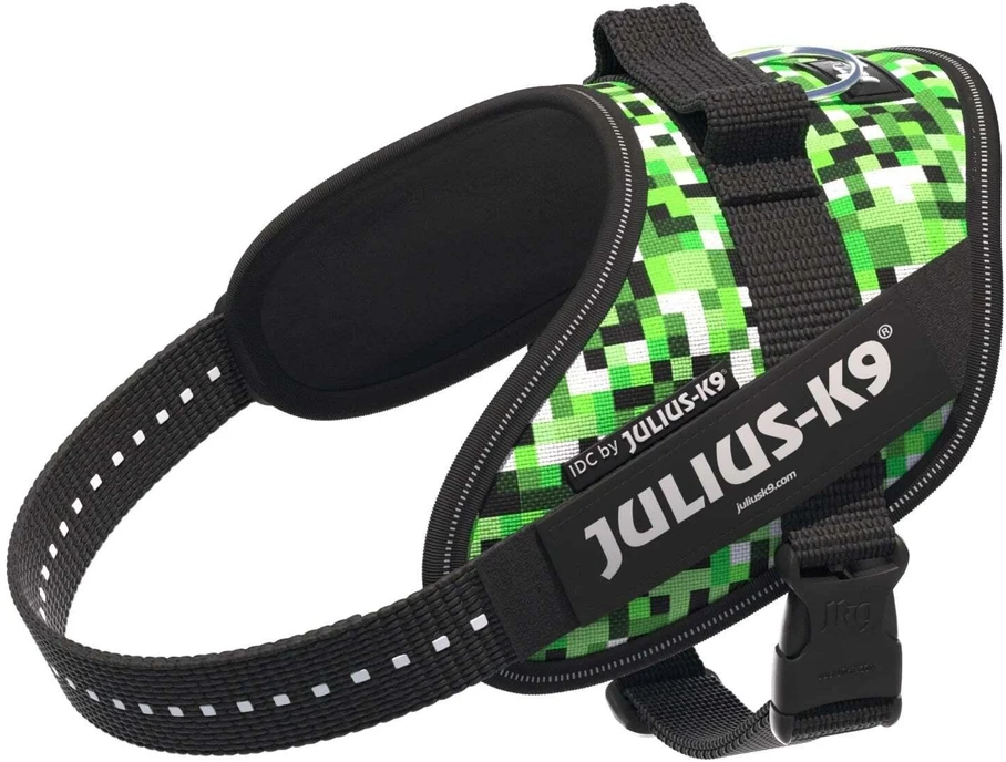 Julius-K9 IDC Powerharness Pixelfield – Atspindintis žalias pikselių šunų pakinktas, reguliuojamas